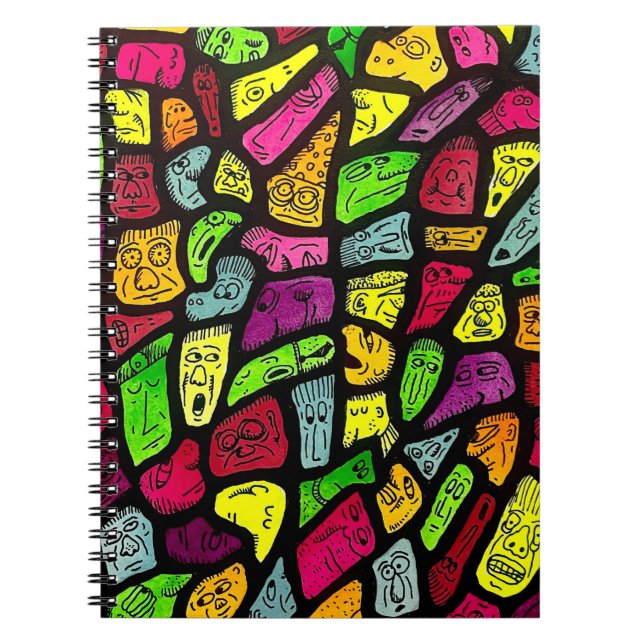 Fluorescent Cartoon Weird Faces Drawing Notebook (Front)
