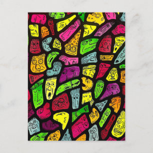 Fluorescent Cartoon Weird Faces Drawing Postcard
