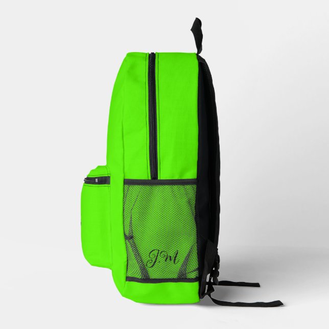 Fluorescent neon green solid colour initials name printed backpack (Right)