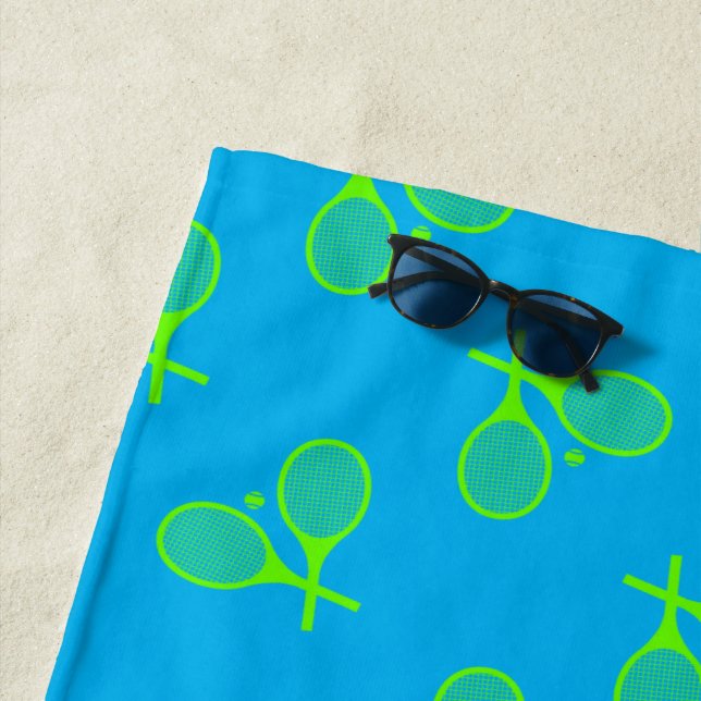 Fluorescent Neon Green Tennis Rackets Retro  Beach Towel (In Situ)
