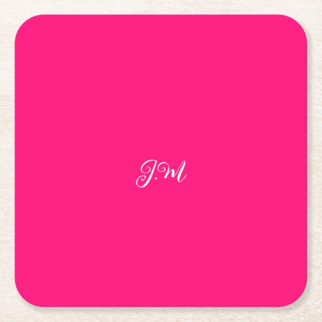 Fluorescent Neon Pink Solid Colour Initials Square Paper Coaster (Front)