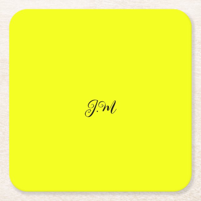 Fluorescent neon yellow solid colour initials name square paper coaster (Front)