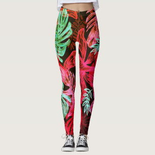 Fluorescent tropical palm leaves leggings
