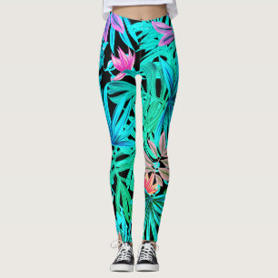 Fluorescent tropical palm leaves leggings