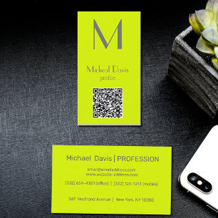 fluorescent yellow - bold monogram - QR code  Business Card