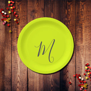 fluorescent yellow - chic monogram paper plate