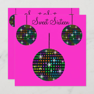 FLURO PINK DISCOBALL  SWEET SIXTEEN PARTY INVITATION