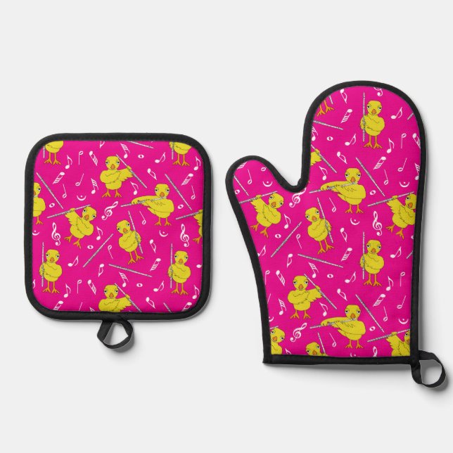 Flute Chick Flute Music Notes  Oven Mitt & Pot Holder Set (Front)