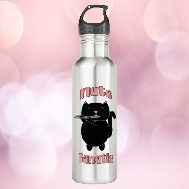 Flute Fanatic Black Cat Pink 710 Ml Water Bottle (A water bottle with a cute black cat and the text flute fanatic in pink.)