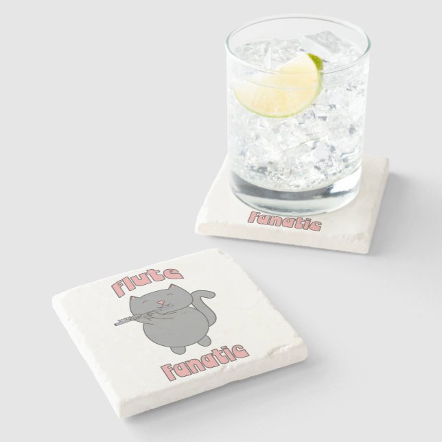 Flute Fanatic Gray Cat Funny Stone Coaster (Side)