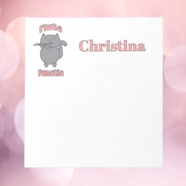 Flute Fanatic Gray Cat Personalize Notepad (A notepad with a gray cat playing the flute and the words flute fanatic.  The name can be changed.)