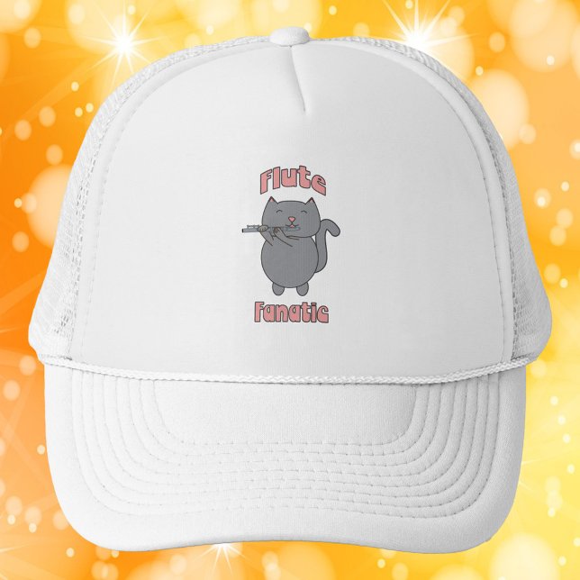 Flute Fanatic Gray Cat Pink Trucker Hat (A hat with a cute gray cat playing the flute and the words flute fanatic in pink.)