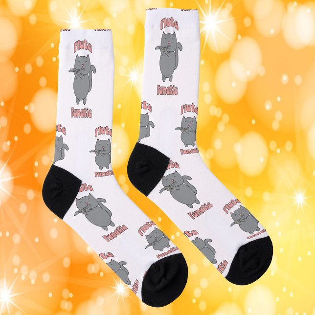 Flute Fanatic Grey Cat PInk Socks (A pair of socks with a gray cat playing the flute and the words flute fanatic.)