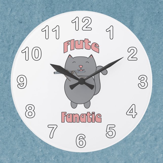 Flute Fanatic Music Grey Cat Large Clock (A clock featuring a flute playing gray cat and the words Flute Fanatic in pink.)