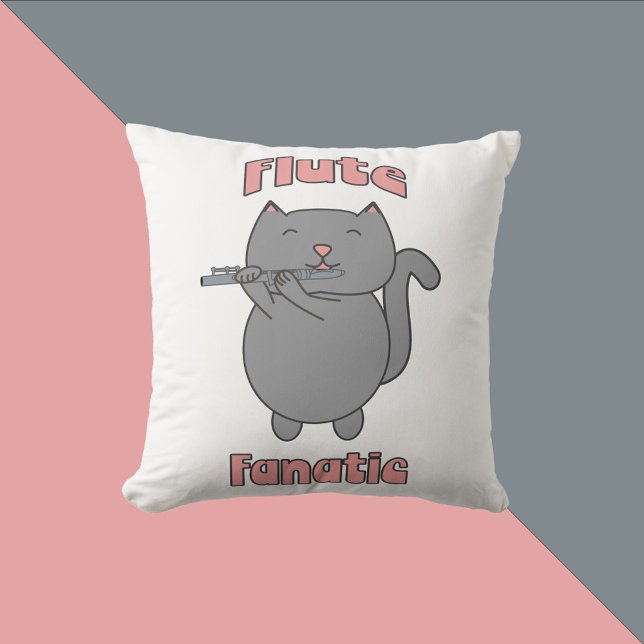 Flute Fanatic Musical Flute Cat Pink Cushion (A throw pillow featuring a gray cat playing the flute and the text Flute Fanatic in pink.)