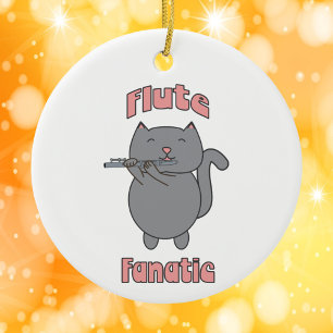 Flute Fanatic Musical Grey Cat Pink Ceramic Tree Decoration
