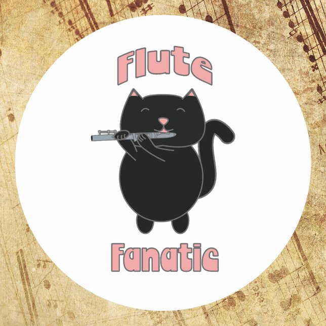 Flute Fanatic Pink Black Cat Classic Round Sticker (A cute sticker with a black cat playing the flute and the text Flute Fanatic in pink.)