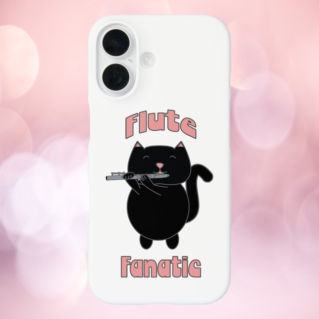 Flute Fanatic Pink Black Cat Cute Case-Mate iPhone Case (A cell phone case with the words Flute Fanatic and a black kitty cat playing the flute.)