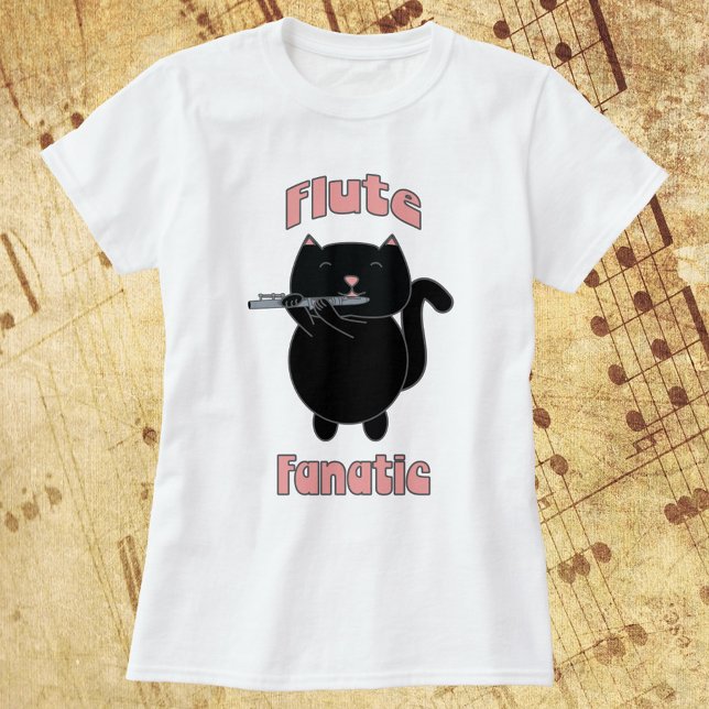 Flute Fanatic Pink Black Cat T-Shirt (A tshirt that says flute fanatic with a black cat playing the flute.)