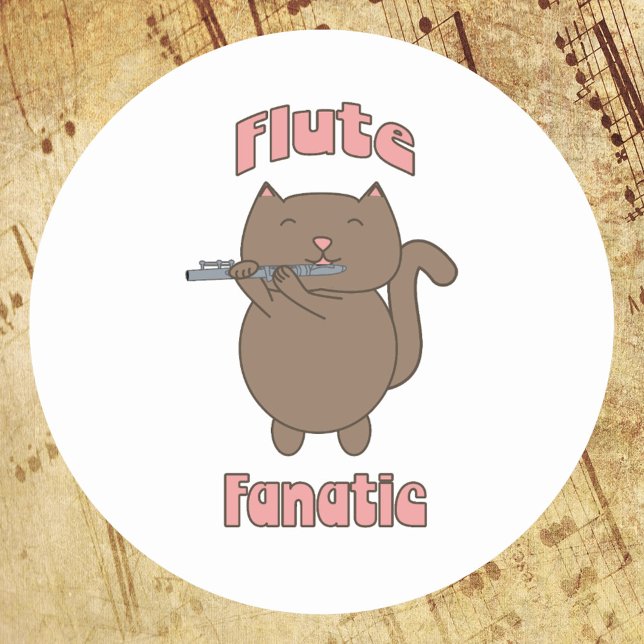 Flute Fanatic Pink Cat Classic Round Sticker (A sticker of a brown cat playing the flute along with the words flute fanatic)