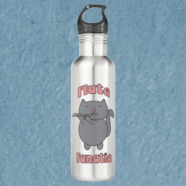 Flute Fanatic Pink Grey Cat 710 Ml Water Bottle (A water bottle with a gray cat playing the flute with the words flute fanatic.)