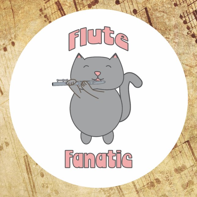 Flute Fanatic Pink Grey Cat Classic Round Sticker (A sticker featuring a gray cat playing the flute & the words flute fanatic in pink.)