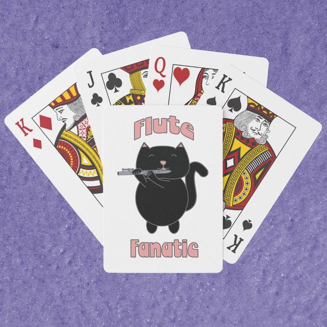 Flute Instrument Black Cat Playing Cards (A deck of playing cards featuring a black cat playing the flute with the words Flute Fanatic.)
