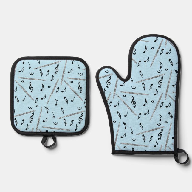 Flute Music Note Pattern Oven Mitt & Pot Holder Set (Front)