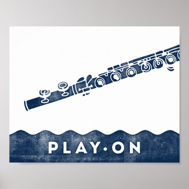 Flute Music Poster Blue White Play On Art Print (Front)