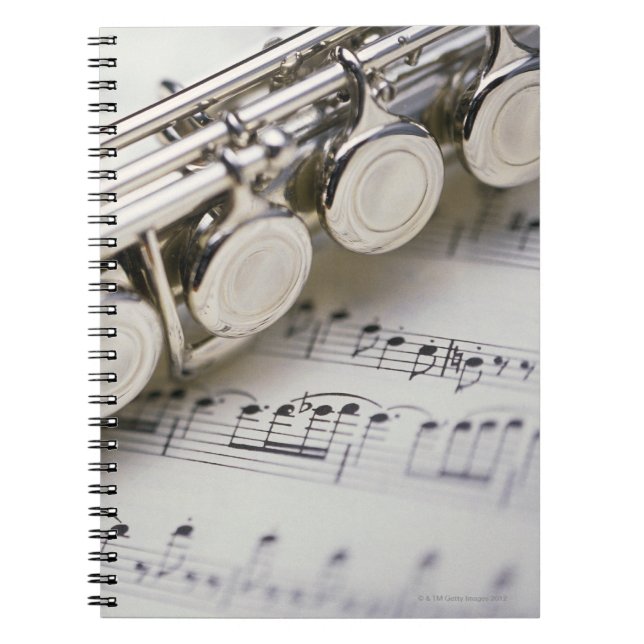 Flute on Sheet Music Spiral Notebook (Front)
