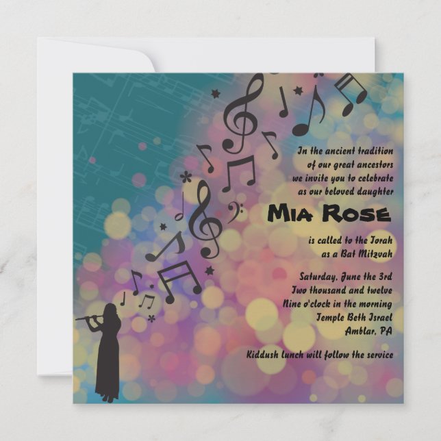 Flute Player Bat Bar Mitzvah Invitation (Front)