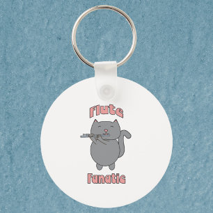 Flute Playing Grey Cat Funny Musician Key Ring