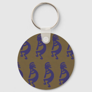 Flute Playing Kokopelli - Blue on Green Key Ring