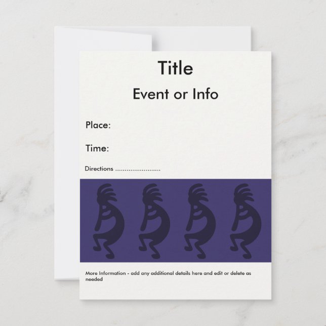 Flute Playing Kokopelli Figure - Black on Blue Invitation (Back)