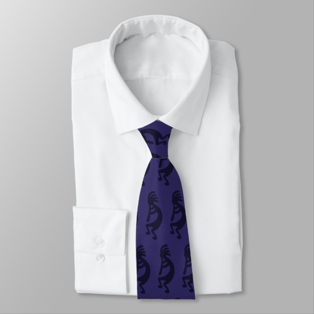 Flute Playing Kokopelli Figure - Black on Blue Tie (Tied)