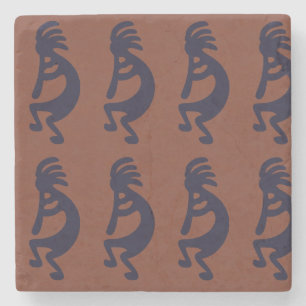 Flute Playing Kokopelli Figure, Black on Rust Red Stone Coaster