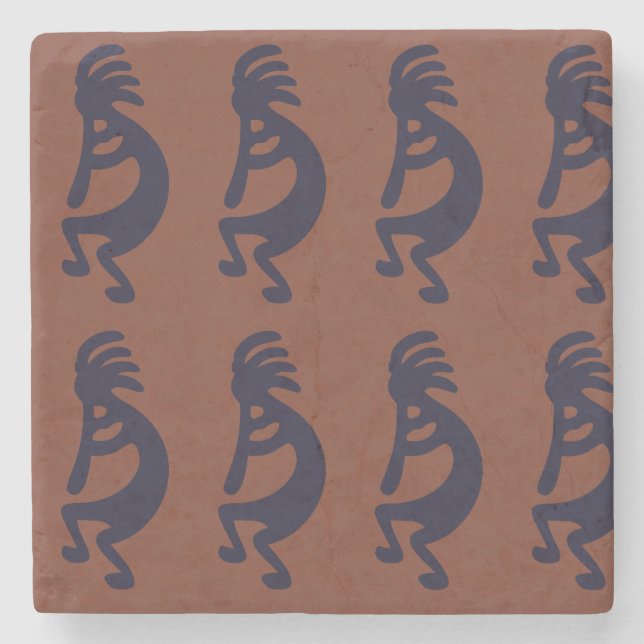 Flute Playing Kokopelli Figure, Black on Rust Red Stone Coaster (Front)