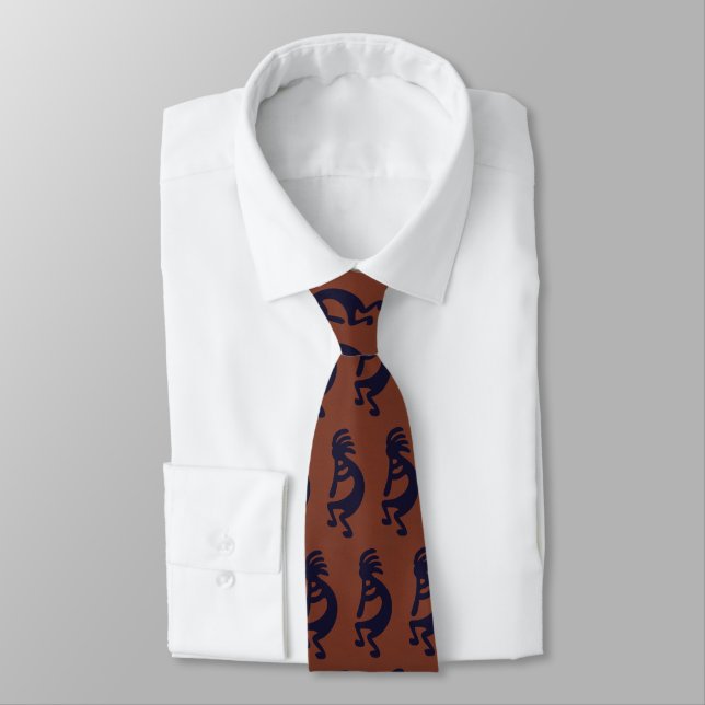 Flute Playing Kokopelli Figure, Black on Rust Red Tie (Tied)