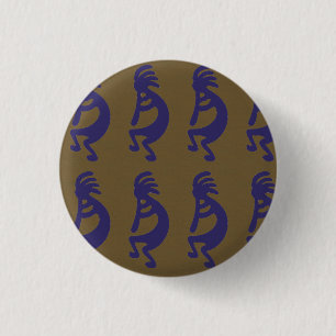Flute Playing Kokopelli Figure - Blue on Green 3 Cm Round Badge