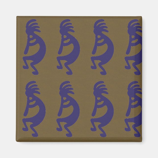 Flute Playing Kokopelli Figure - Blue on Green Magnet (Front)