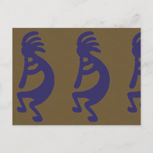 Flute Playing Kokopelli Figure - Blue on Green Postcard
