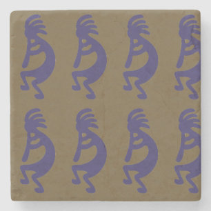 Flute Playing Kokopelli Figure - Blue on Green Stone Coaster