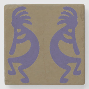 Flute Playing Kokopelli Figure - Blue on Green Stone Coaster