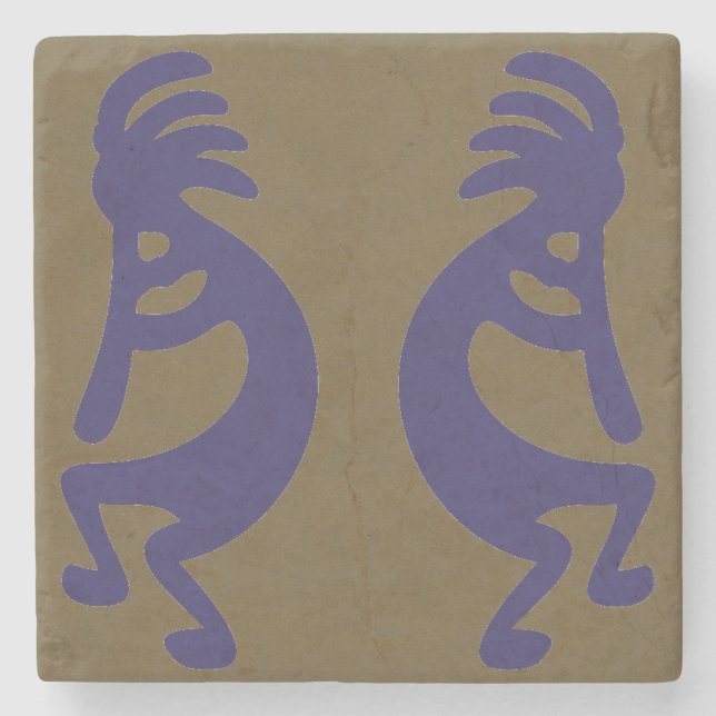 Flute Playing Kokopelli Figure - Blue on Green Stone Coaster (Front)