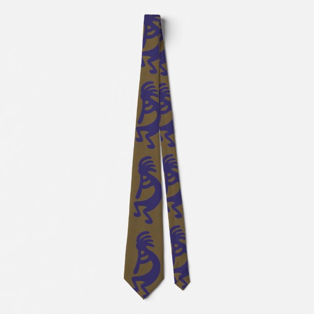 Flute Playing Kokopelli Figure - Blue on Green Tie (Front)