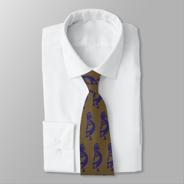 Flute Playing Kokopelli Figure - Blue on Green Tie (Tied)
