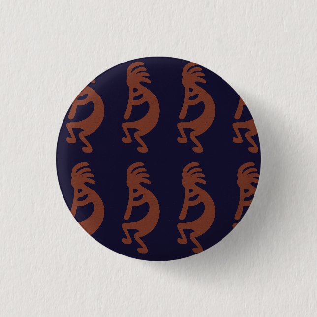 Flute Playing Kokopelli Figure - Blue on Rust Red  3 Cm Round Badge (Front)