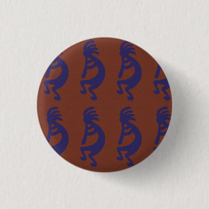 Flute Playing Kokopelli Figure - Blue on Rust Red 3 Cm Round Badge