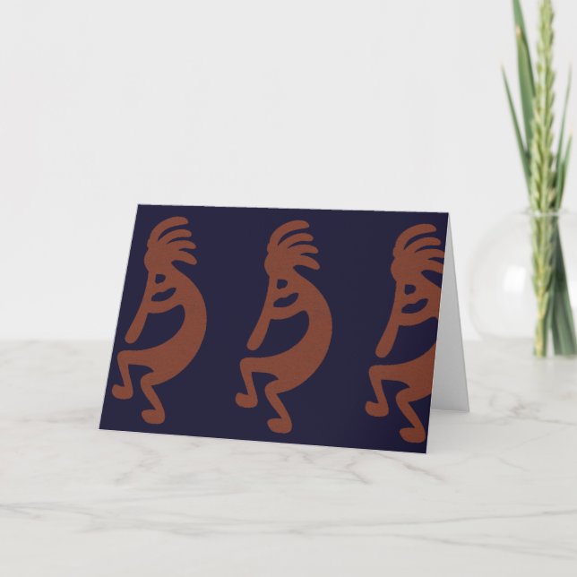 Flute Playing Kokopelli Figure - Blue on Rust Red  Card (Front)