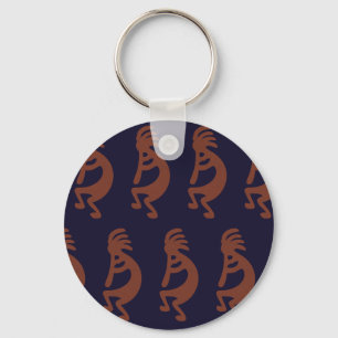 Flute Playing Kokopelli Figure - Blue on Rust Red  Key Ring